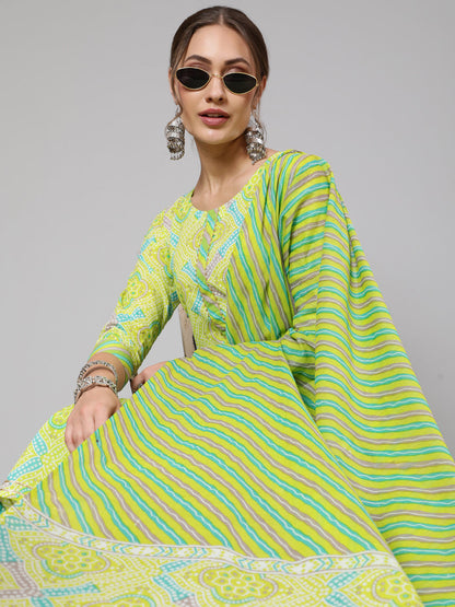 Cotton Green Calf Length Straight 3/4 Sleeve Round Neck Printed Kurta, Pants & Cotton Dupatta