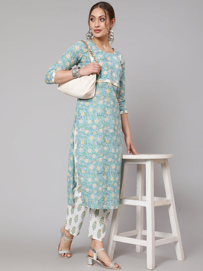 Cotton Turquoise Calf Length Straight 3/4 Sleeve Round Neck Printed Kurta, Pants