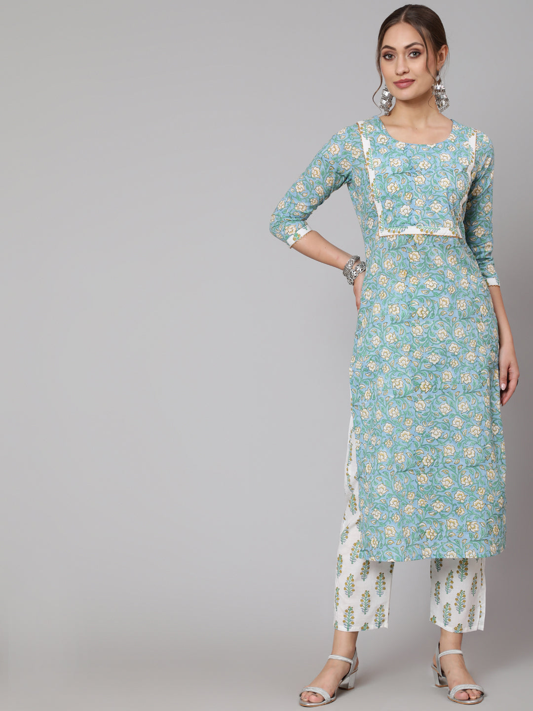 Cotton Turquoise Calf Length Straight 3/4 Sleeve Round Neck Printed Kurta, Pants