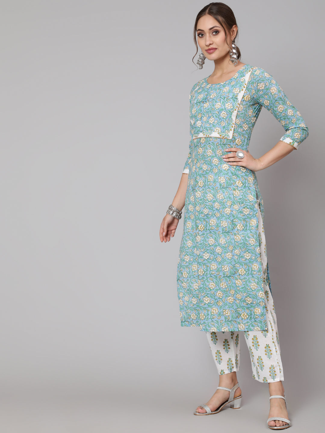 Cotton Turquoise Calf Length Straight 3/4 Sleeve Round Neck Printed Kurta, Pants