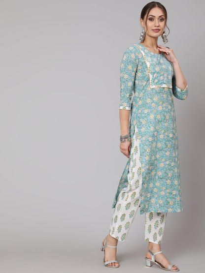 Cotton Turquoise Calf Length Straight 3/4 Sleeve Round Neck Printed Kurta, Pants