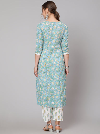 Cotton Turquoise Calf Length Straight 3/4 Sleeve Round Neck Printed Kurta, Pants