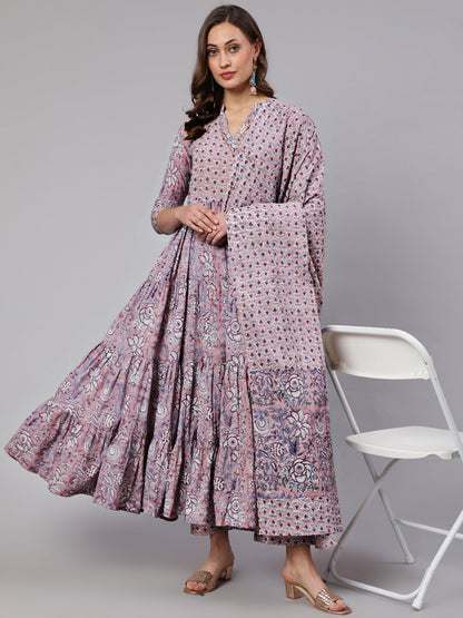 Cotton Printed Ankle Length Flared V Neck Kurta, Pants With Dupatta Set