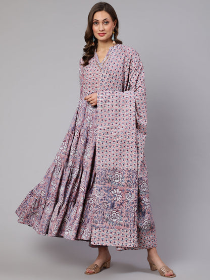 Cotton Printed Ankle Length Flared V Neck Kurta, Pants With Dupatta Set