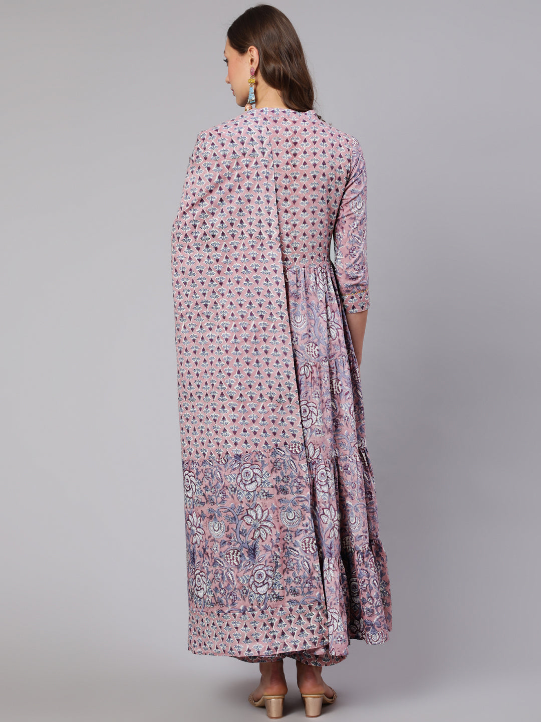 Cotton Printed Ankle Length Flared V Neck Kurta, Pants With Dupatta Set