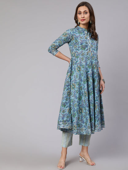 Cotton Printed Ankle Length Flared Mandrain Nack Kurta Set