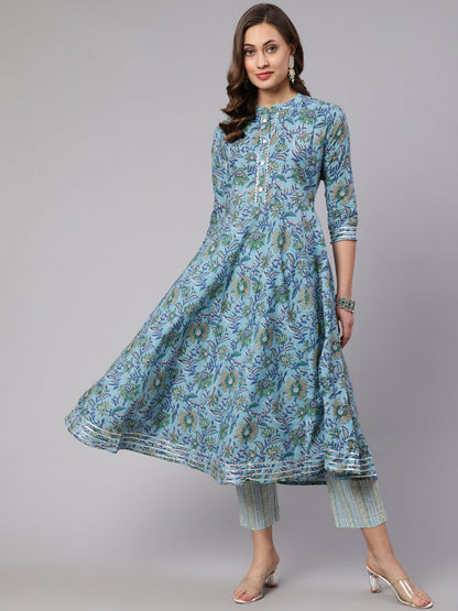 Cotton Printed Ankle Length Flared Mandrain Nack Kurta Set