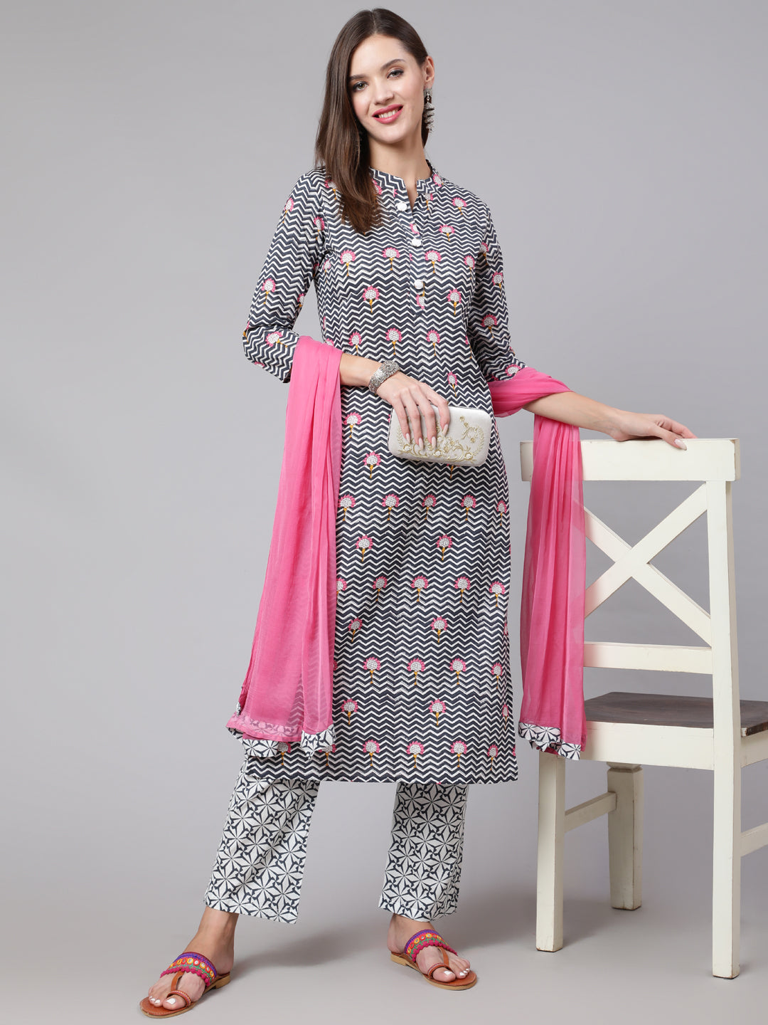 Cotton Calf Length Straight 3/4 Sleeve Mandarin Neck Printed Kurta, Pants With Dupatta Set