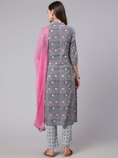 Cotton Calf Length Straight 3/4 Sleeve Mandarin Neck Printed Kurta, Pants With Dupatta Set