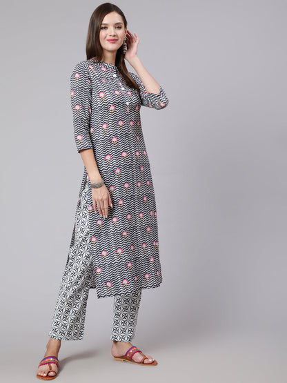 Cotton Calf Length Straight 3/4 Sleeve Mandarin Neck Printed Kurta, Pants With Dupatta Set