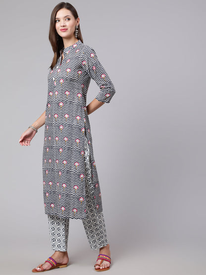 Cotton Calf Length Straight 3/4 Sleeve Mandarin Neck Printed Kurta, Pants With Dupatta Set