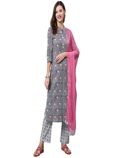 Cotton Calf Length Straight 3/4 Sleeve Mandarin Neck Printed Kurta, Pants With Dupatta Set