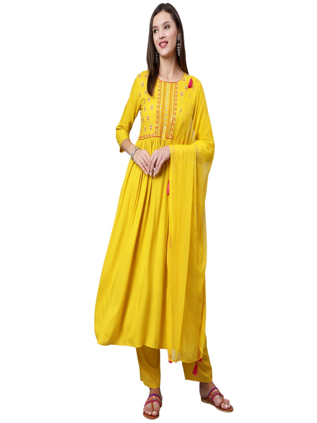 Rayon Embroidery Calf Length Flared 3/4 Sleeve Round Neck Kurta, Pants With Dupatta Set