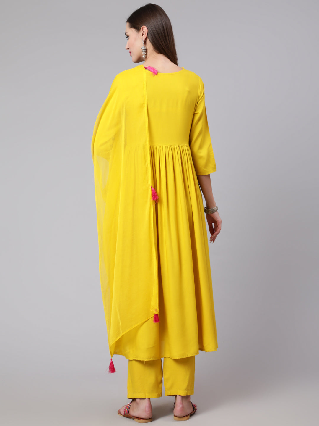 Rayon Embroidery Calf Length Flared 3/4 Sleeve Round Neck Kurta, Pants With Dupatta Set