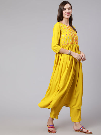 Rayon Embroidery Calf Length Flared 3/4 Sleeve Round Neck Kurta, Pants With Dupatta Set