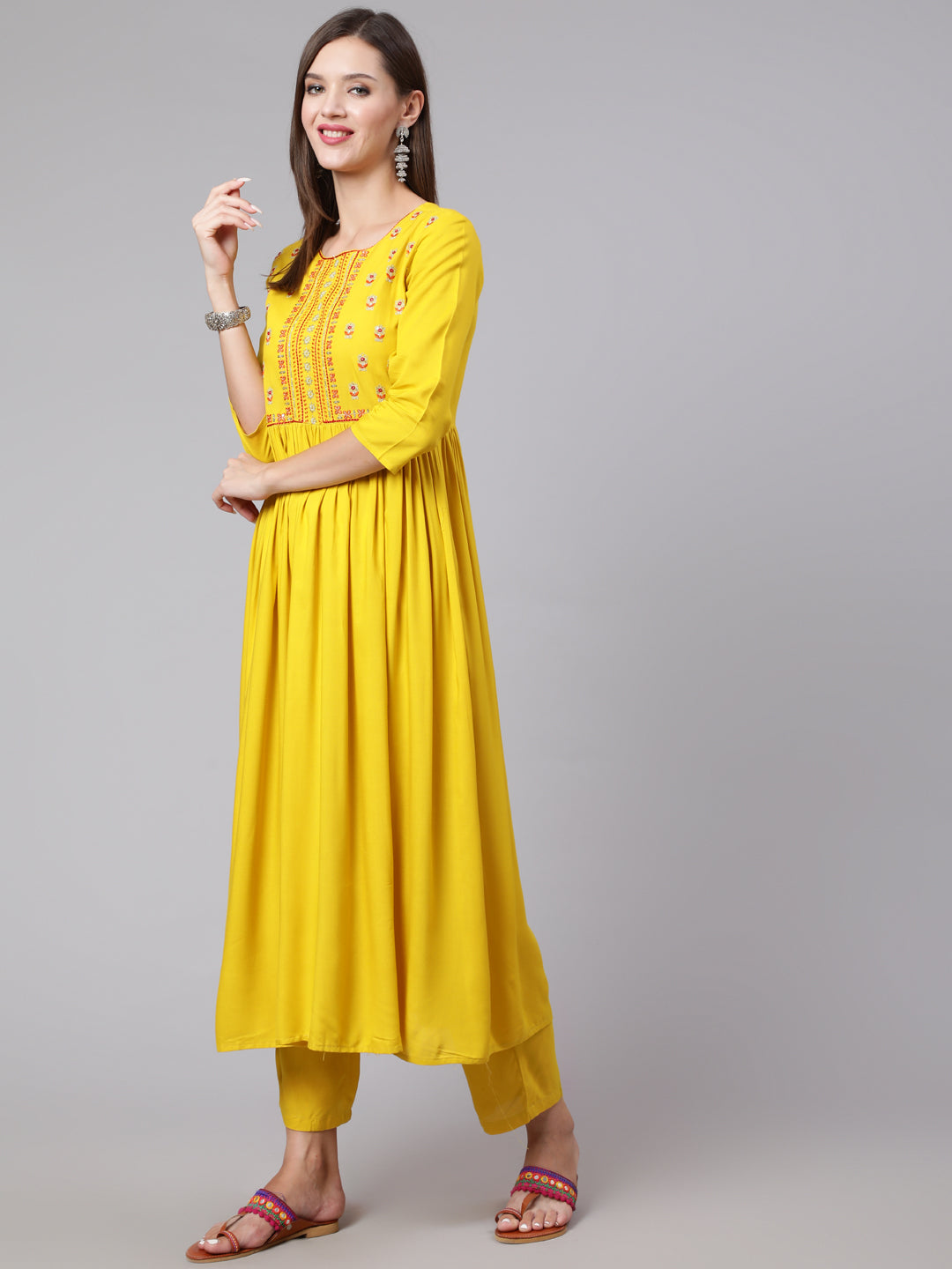 Rayon Embroidery Calf Length Flared 3/4 Sleeve Round Neck Kurta, Pants With Dupatta Set