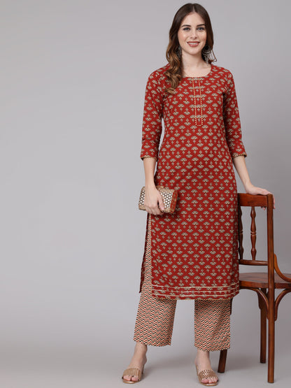 Cotton Calf Length Straight 3/4 Sleeve Round Neck Printed Kurta, Pants