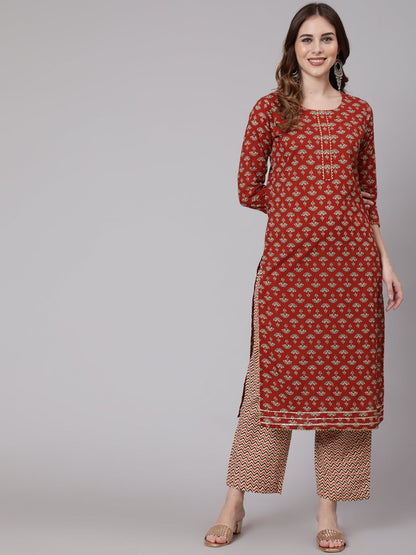 Cotton Calf Length Straight 3/4 Sleeve Round Neck Printed Kurta, Pants