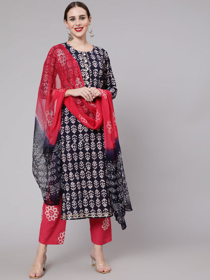 Cotton Calf Length Straight 3/4 Sleeve Round Neck Printed Kurta, Pants & Cotton Dupatta