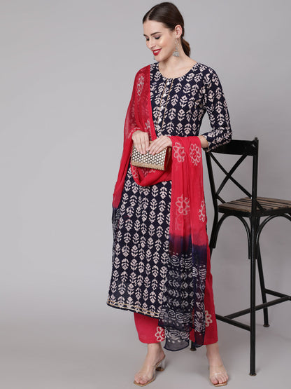 Cotton Calf Length Straight 3/4 Sleeve Round Neck Printed Kurta, Pants & Cotton Dupatta