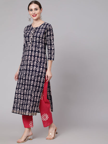 Cotton Calf Length Straight 3/4 Sleeve Round Neck Printed Kurta, Pants & Cotton Dupatta