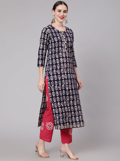 Cotton Calf Length Straight 3/4 Sleeve Round Neck Printed Kurta, Pants & Cotton Dupatta