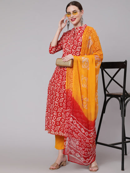 Cotton Calf Length Straight 3/4 Sleeve Round Neck Printed Kurta, Pants & Cotton Dupatta