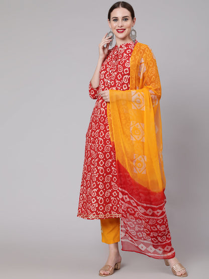 Cotton Calf Length Straight 3/4 Sleeve Round Neck Printed Kurta, Pants & Cotton Dupatta