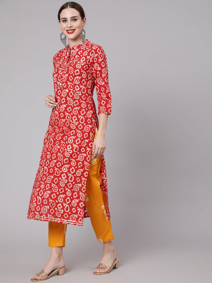 Cotton Calf Length Straight 3/4 Sleeve Round Neck Printed Kurta, Pants & Cotton Dupatta