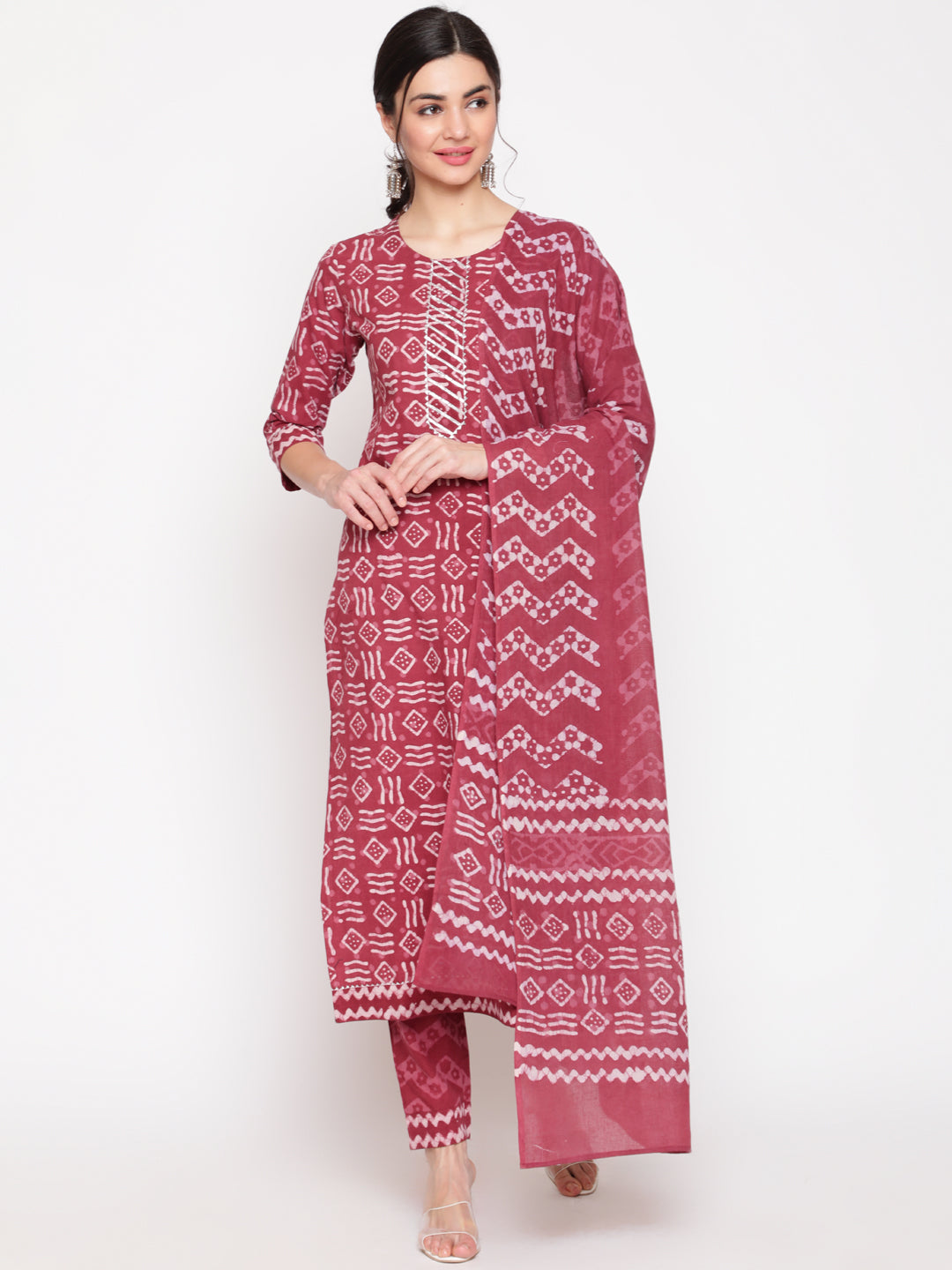 Cotton Maroon Calf Length Straight 3/4 Sleeve Round Neck Printed Kurta, Pants & Cotton Dupatta