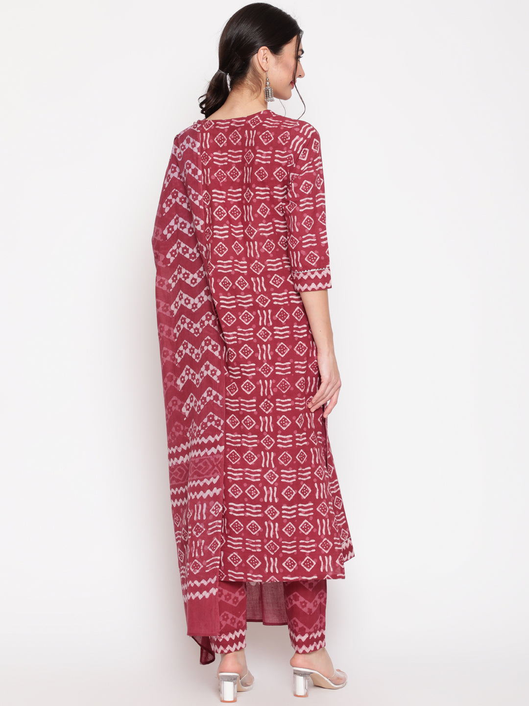 Cotton Maroon Calf Length Straight 3/4 Sleeve Round Neck Printed Kurta, Pants & Cotton Dupatta