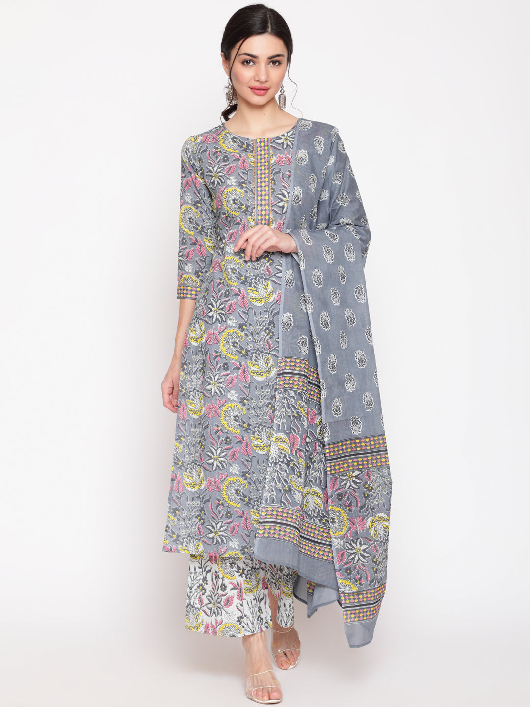 Cotton Grey Calf Length Straight 3/4 Sleeve Round Neck Printed Kurta, Palazzo & Cotton Dupatta