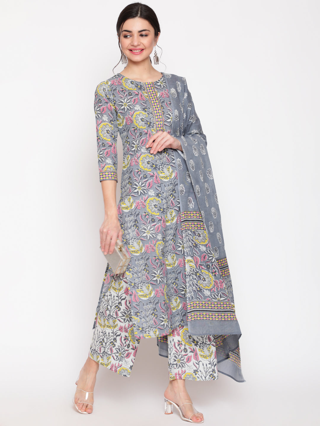 Cotton Grey Calf Length Straight 3/4 Sleeve Round Neck Printed Kurta, Palazzo & Cotton Dupatta