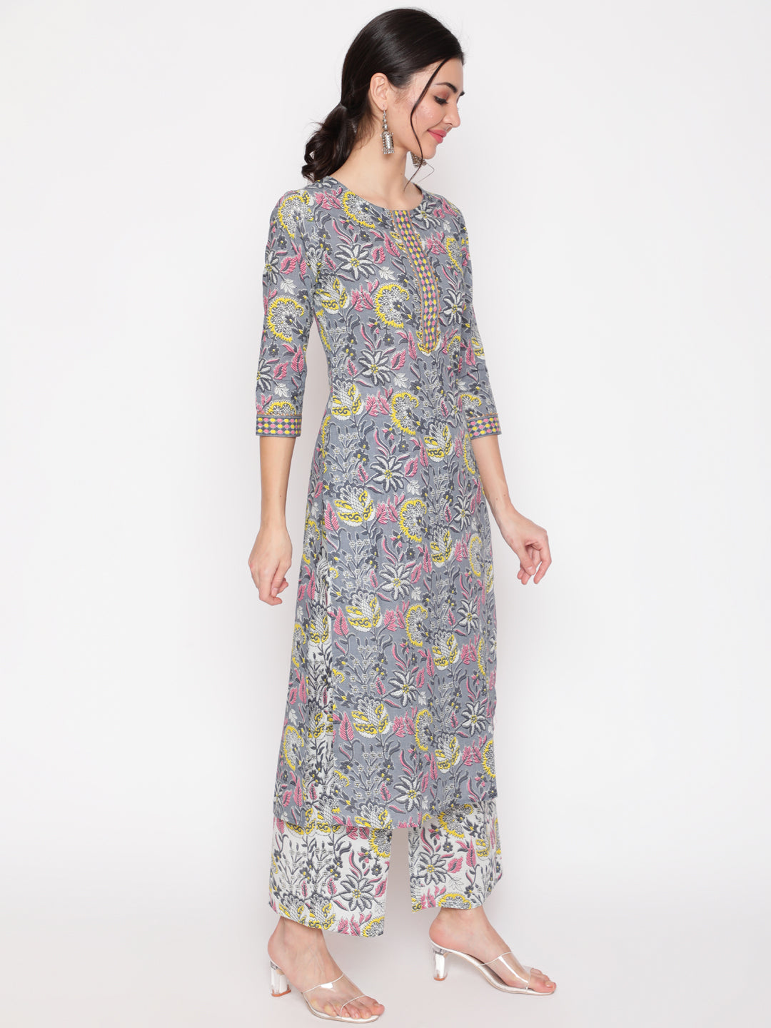 Cotton Grey Calf Length Straight 3/4 Sleeve Round Neck Printed Kurta, Palazzo & Cotton Dupatta