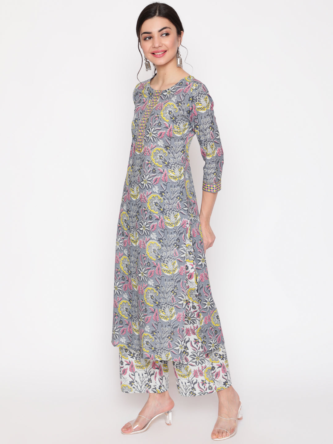 Cotton Grey Calf Length Straight 3/4 Sleeve Round Neck Printed Kurta, Palazzo & Cotton Dupatta