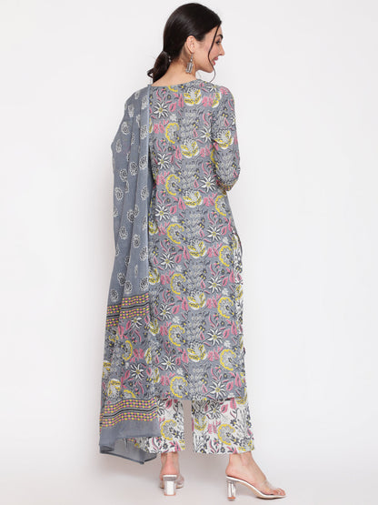 Cotton Grey Calf Length Straight 3/4 Sleeve Round Neck Printed Kurta, Palazzo & Cotton Dupatta