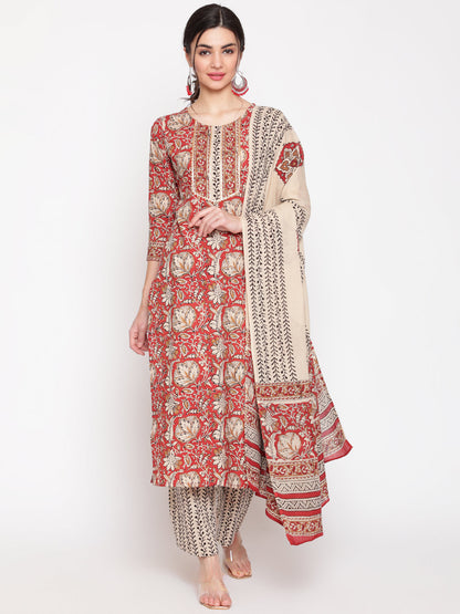 Cotton Red Calf Length Straight 3/4 Sleeve Round Neck Printed Kurta, Palazzo & Cotton Dupatta