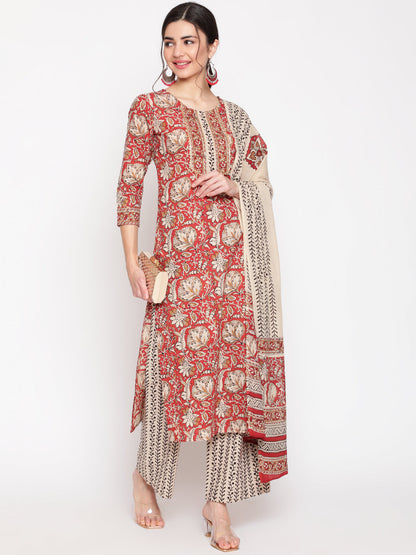 Cotton Red Calf Length Straight 3/4 Sleeve Round Neck Printed Kurta, Palazzo & Cotton Dupatta