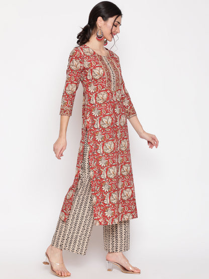 Cotton Red Calf Length Straight 3/4 Sleeve Round Neck Printed Kurta, Palazzo & Cotton Dupatta