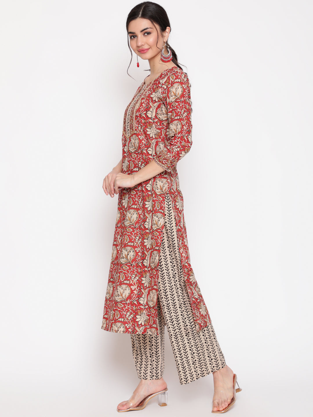 Cotton Red Calf Length Straight 3/4 Sleeve Round Neck Printed Kurta, Palazzo & Cotton Dupatta