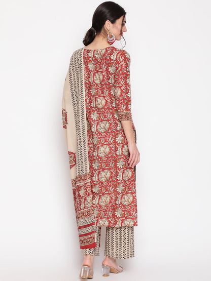 Cotton Red Calf Length Straight 3/4 Sleeve Round Neck Printed Kurta, Palazzo & Cotton Dupatta