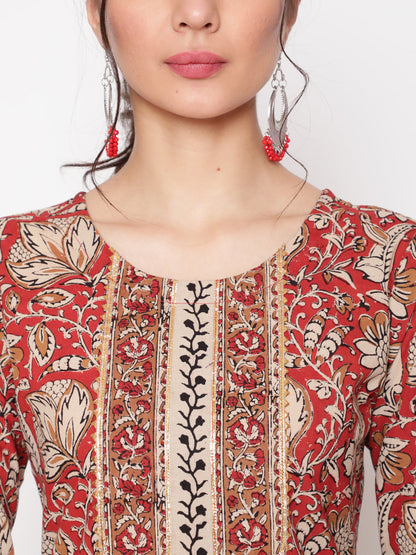 Cotton Red Calf Length Straight 3/4 Sleeve Round Neck Printed Kurta, Palazzo & Cotton Dupatta