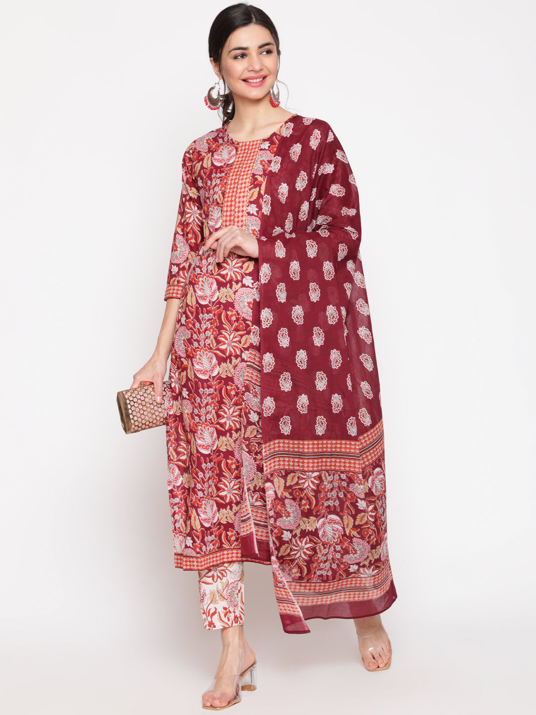 Cotton Wine Calf Length Straight 3/4 Sleeve Round Neck Printed Kurta, Pants & Cotton Dupatta