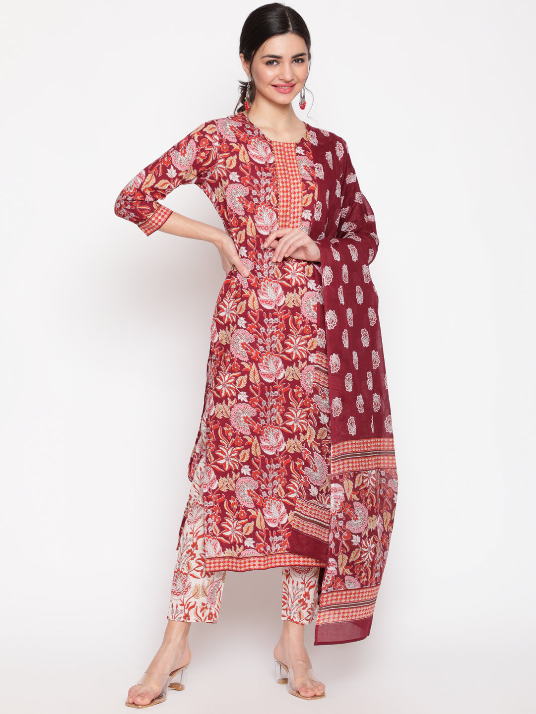 Cotton Wine Calf Length Straight 3/4 Sleeve Round Neck Printed Kurta, Pants & Cotton Dupatta