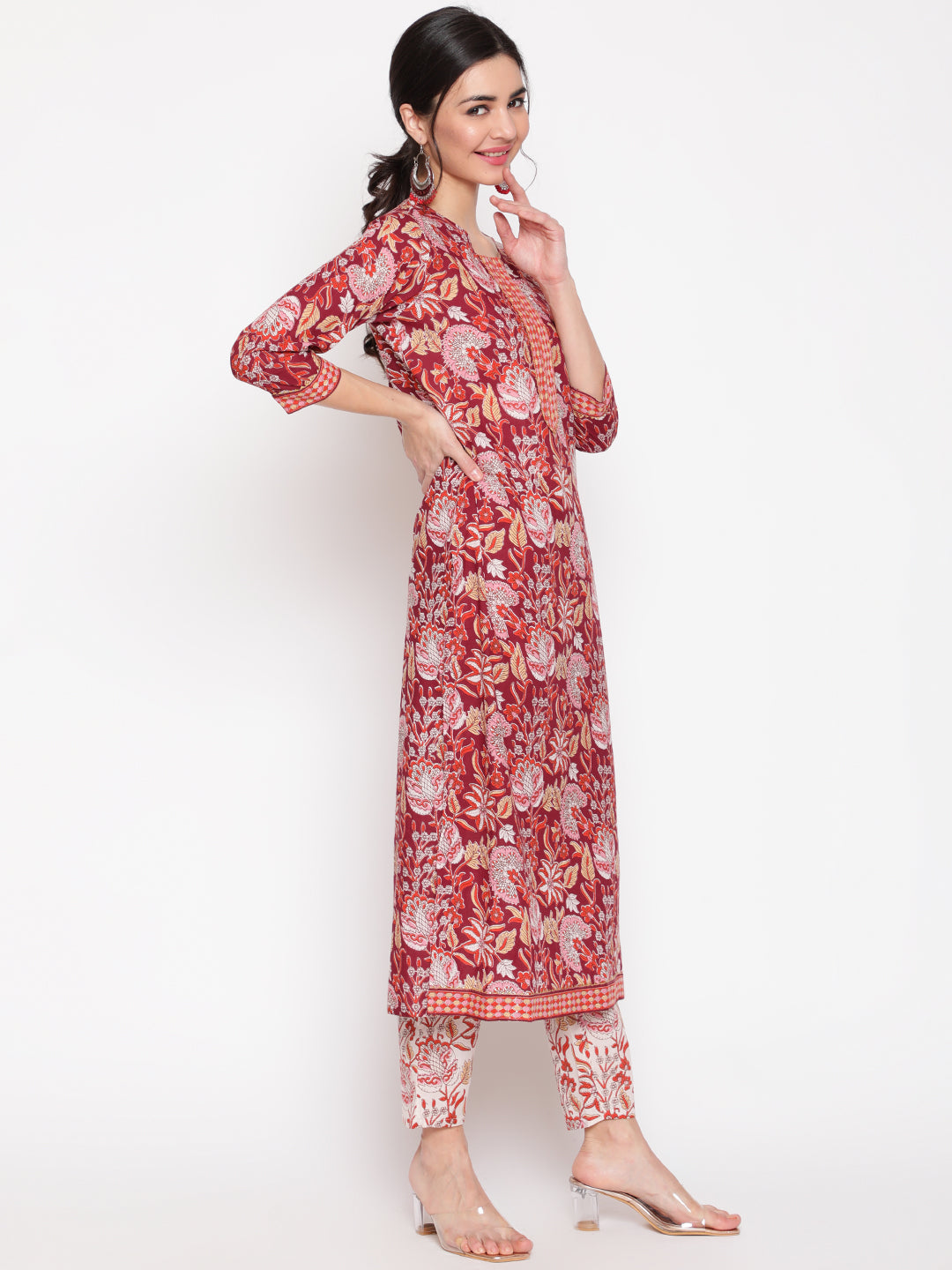 Cotton Wine Calf Length Straight 3/4 Sleeve Round Neck Printed Kurta, Pants & Cotton Dupatta