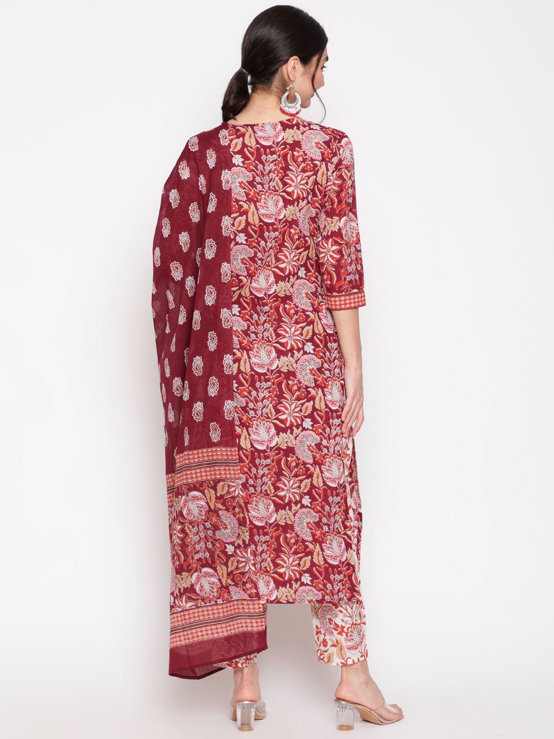 Cotton Wine Calf Length Straight 3/4 Sleeve Round Neck Printed Kurta, Pants & Cotton Dupatta