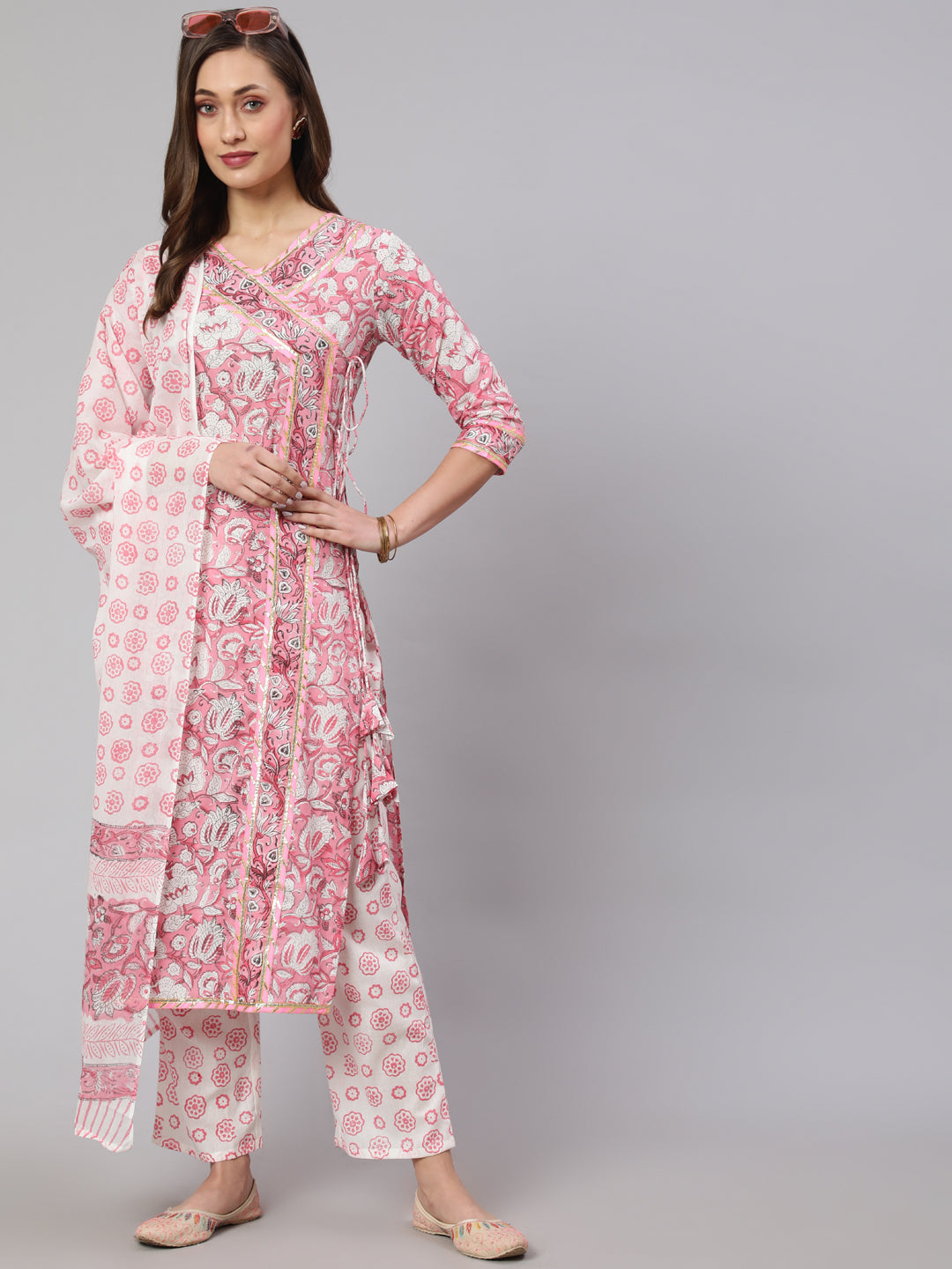 Cotton Printed Calf Length Straight V Neck Kurta, Pants With Dupatta Set