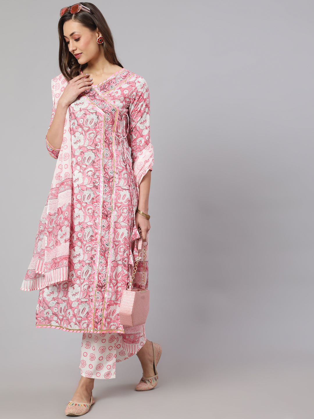 Cotton Printed Calf Length Straight V Neck Kurta, Pants With Dupatta Set