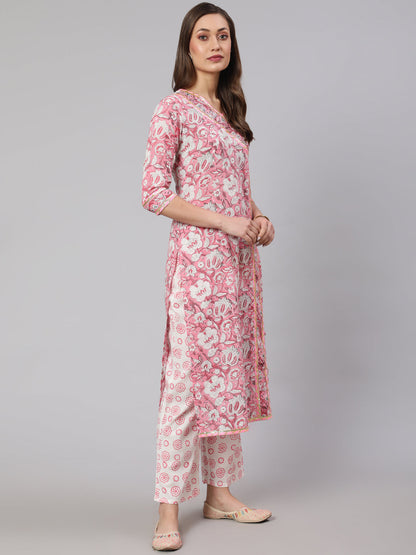 Cotton Printed Calf Length Straight V Neck Kurta, Pants With Dupatta Set