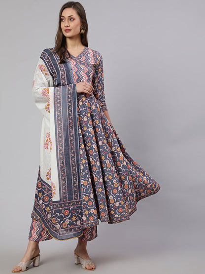 Cotton Printed Ankle Length Flared 3/4 Sleeve V Neck Kurta, Pants With Dupatta Set